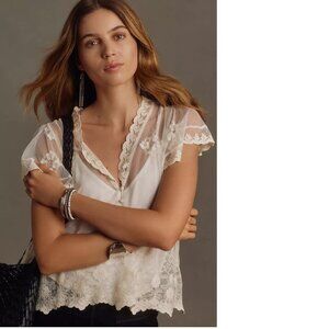 By Anthropologie Embroidered Flutter-Sleeve Top size M new nwt ivory color